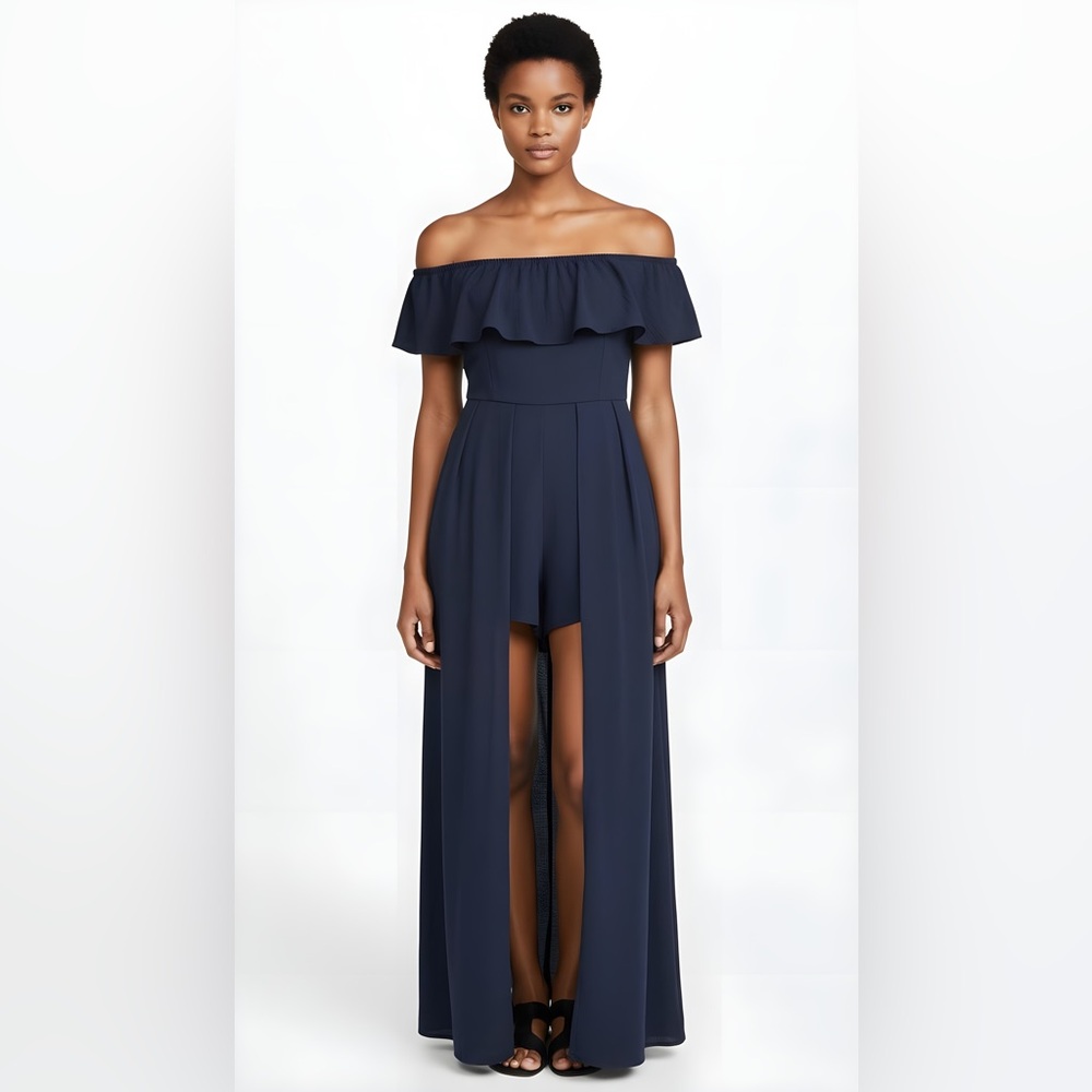 Altar’d State Navy Off-Shoulder Ruffle Maxi Dress with Shorts (NWT)